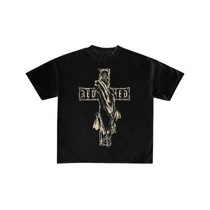 Redeemed Praying Hands Cross Graphic Black T-Shirt
