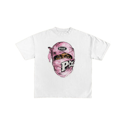 Pink Balaclava Streetwear Graphic White T-Shirt
