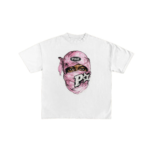 Pink Balaclava Streetwear Graphic White T-Shirt