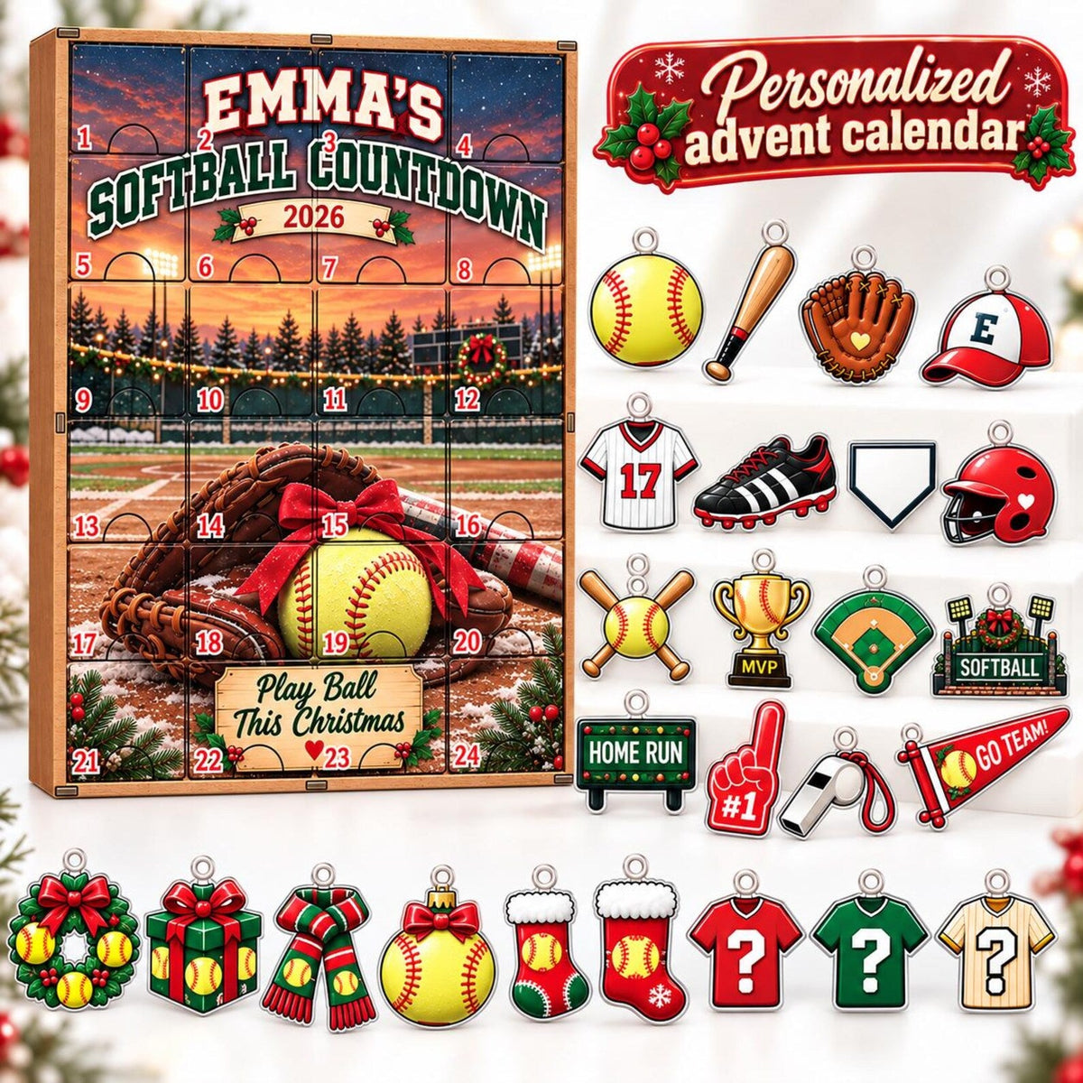 Personalized Softball Advent Calendar, Wooden Christmas Countdown with Acrylic Charms, Custom Softball Player Gift, Sports Holiday Box