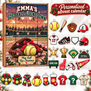 Personalized Softball Advent Calendar, Wooden Christmas Countdown with Acrylic Charms, Custom Softball Player Gift, Sports Holiday Box