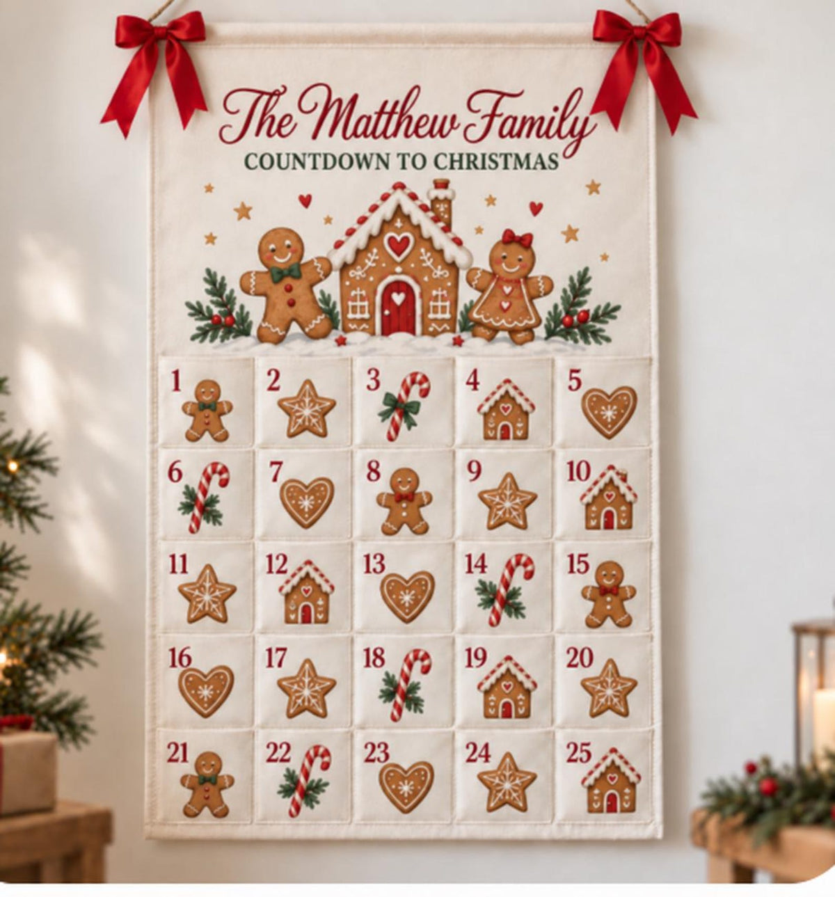 Personalized Gingerbread Advent Calendar, 25-Pocket Christmas Countdown, Custom Family Name Canvas Wall Hanging, Reusable Holiday Home Decor