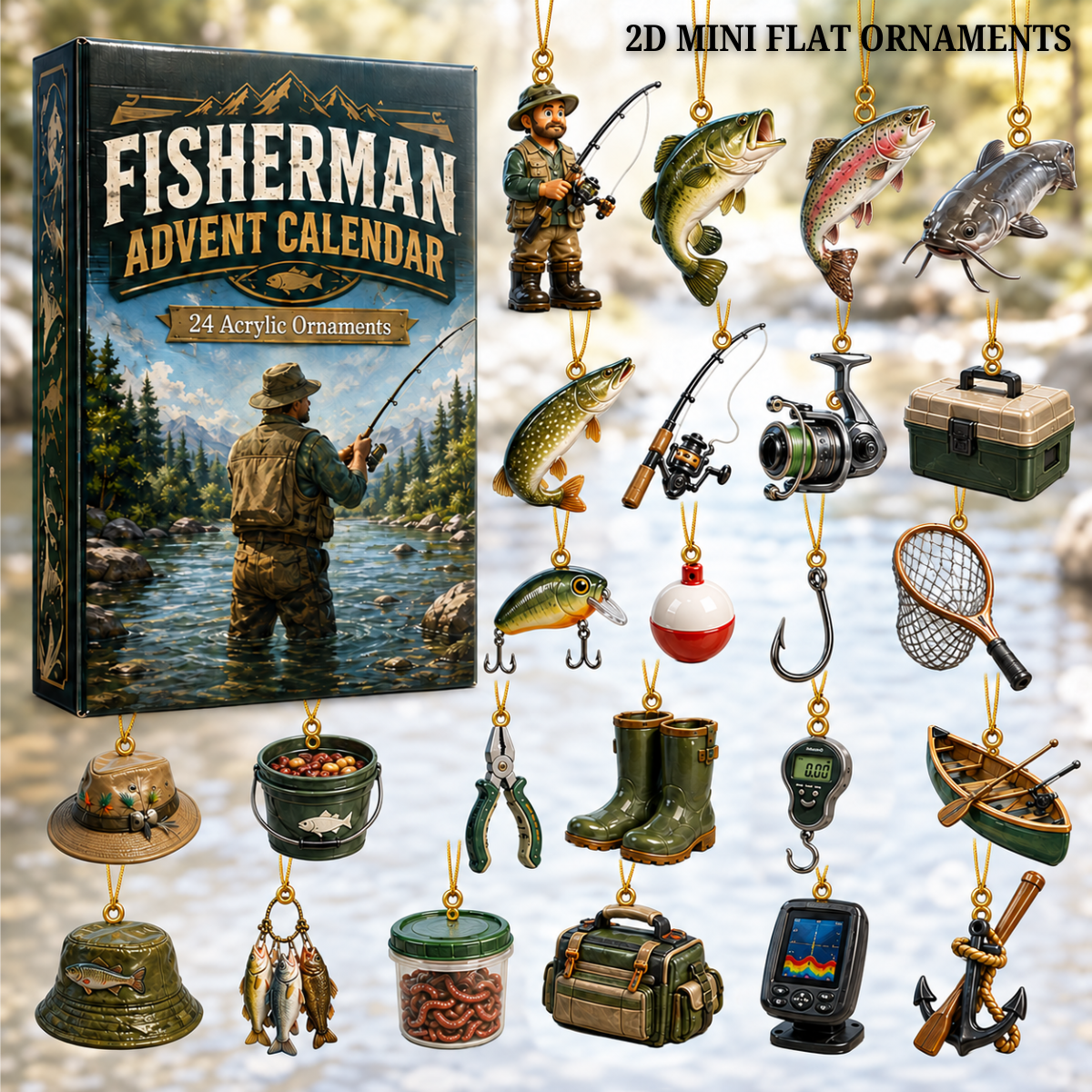 Fisherman Advent Calendar 2026 - 24-Day Festive Countdown, Acrylic Charms Blind Box - Gift For Fishing Lovers
