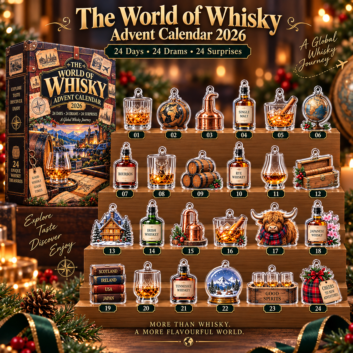 Global Whisky Advent Calendar 2026, 24 Days of International Drams & Treasures, Unique Christmas Countdown Gift, World Spirits Set