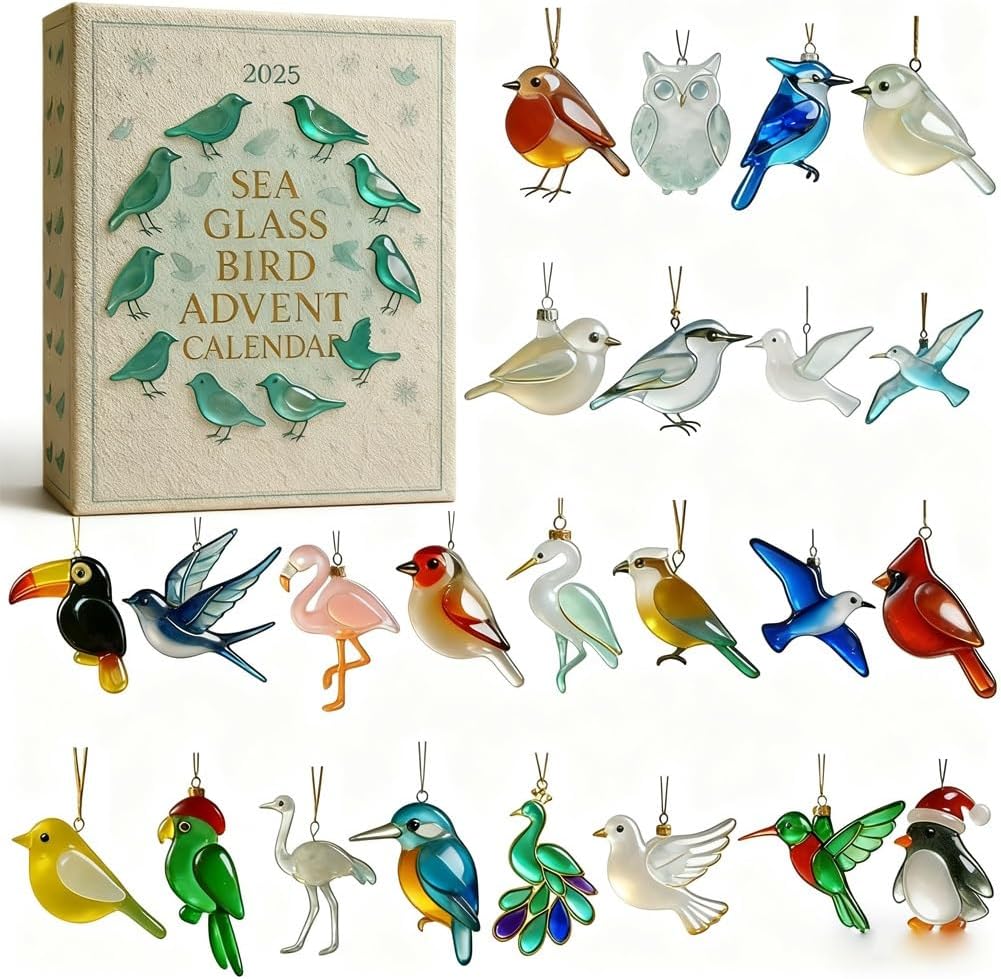 Sea Glass Bird Advent Calendar 2025 With 24 Hanging Ornaments Countdown Christmas Gift For Bird Lovers Tree Decor Holiday Display