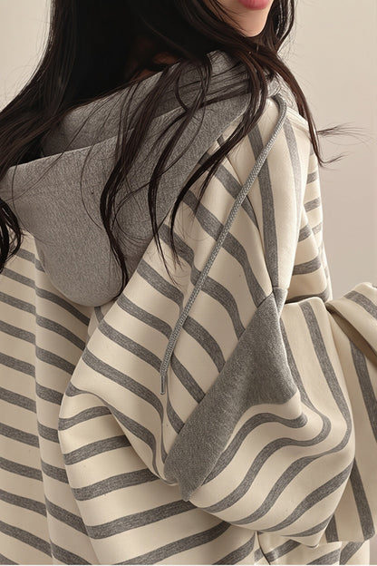 Striped V Neck Pullover Hoodie