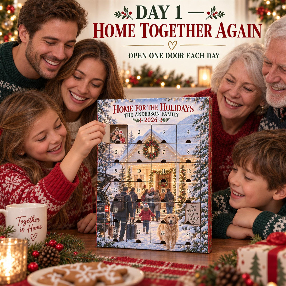 Personalized Family Reunion Advent Calendar with 24 Custom Photo Acrylic Ornaments, Home for the Holidays Gift, Multigenerational Keepsake