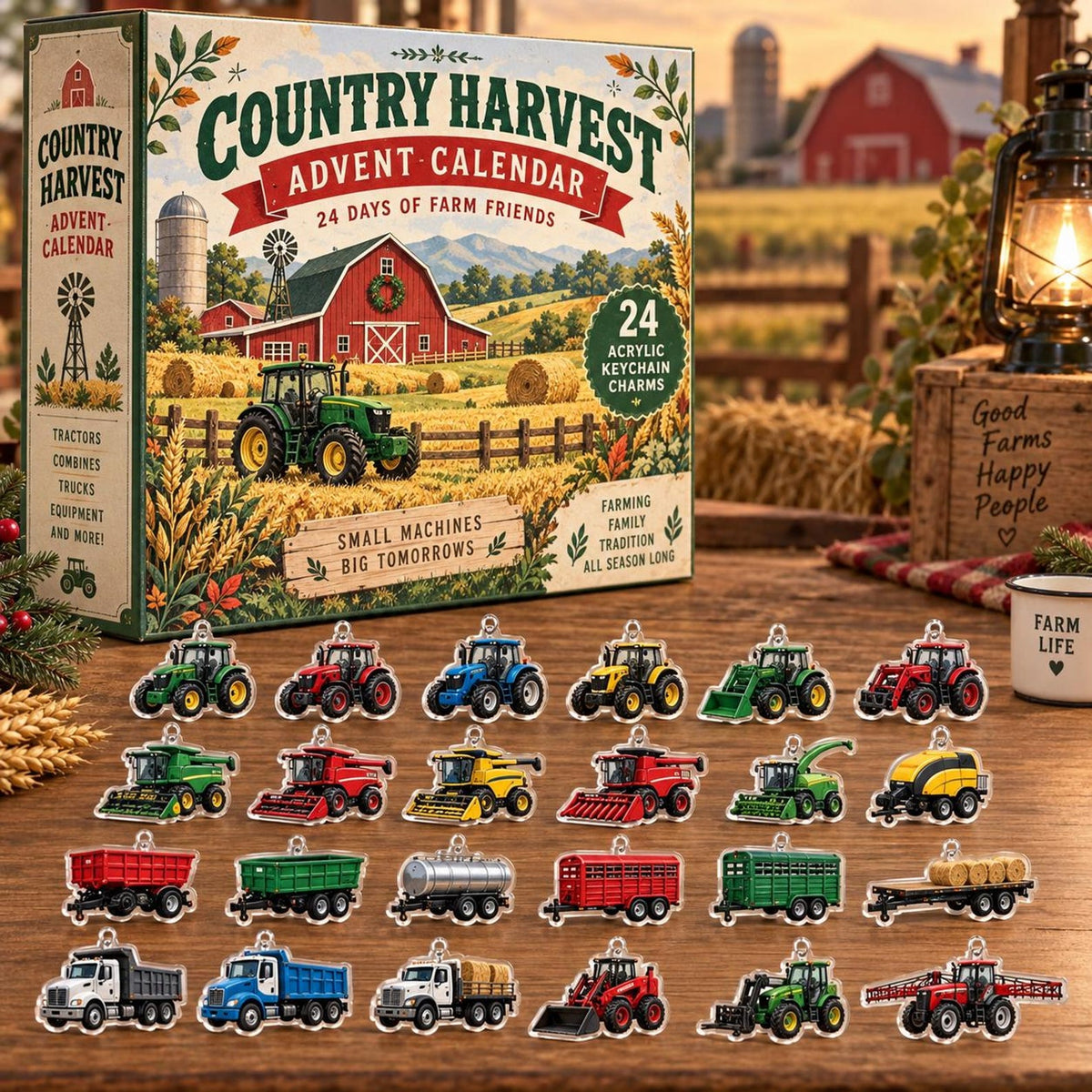 Farm Vehicles Advent Calendar 2026, 24 Acrylic Tractor Ornaments (Kids Christmas Gift)