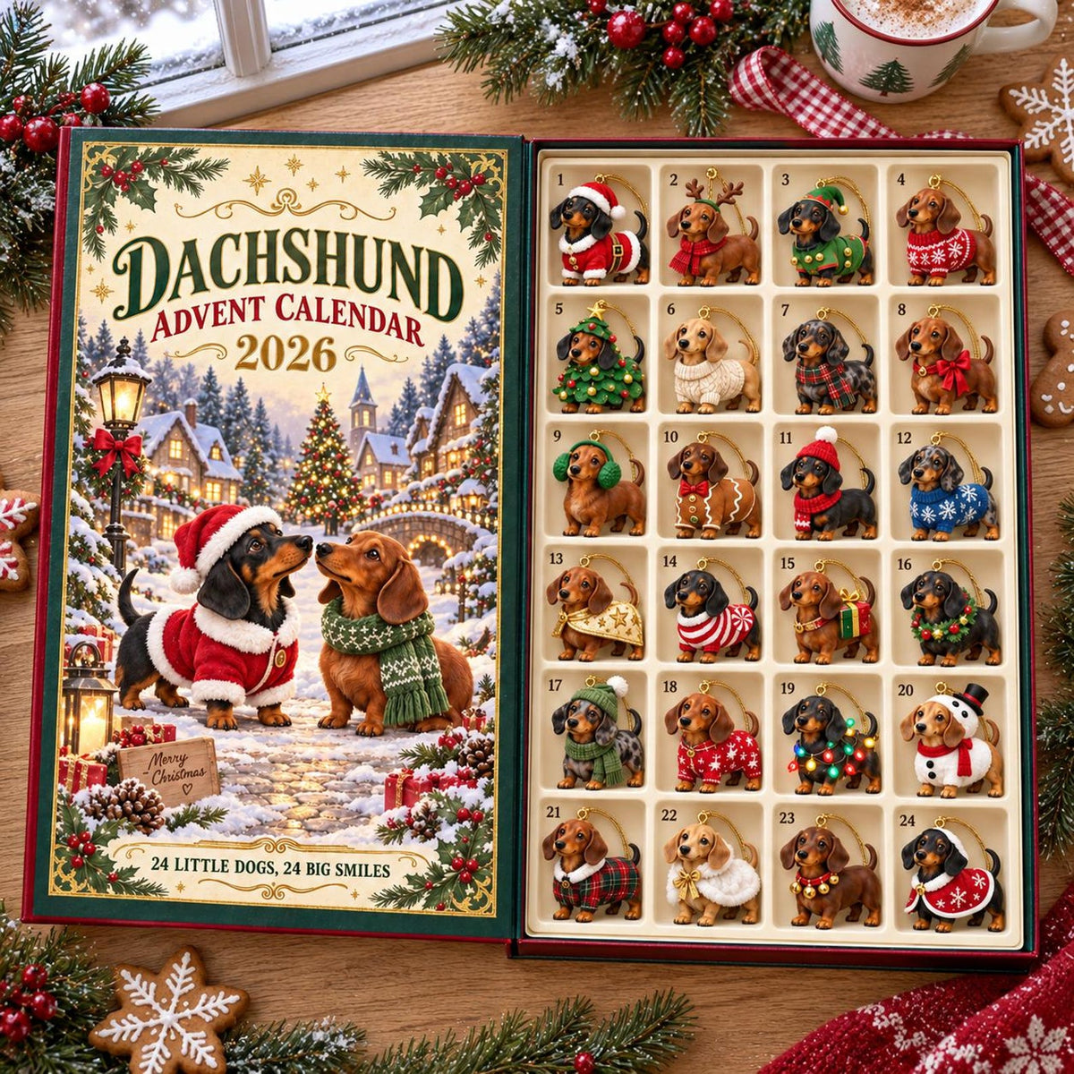 2D Dachshund Advent Calendar 2026,Christmas Weenie Dog Ornaments Countdown,24 Days of Xmas Surprises Gift Box,Dog Lover Gift,Holiday Decor