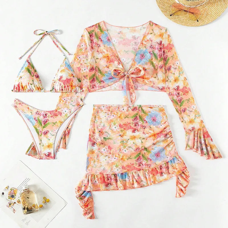 Stylish Printed 4-Piece Bikini and Beach Dress Set