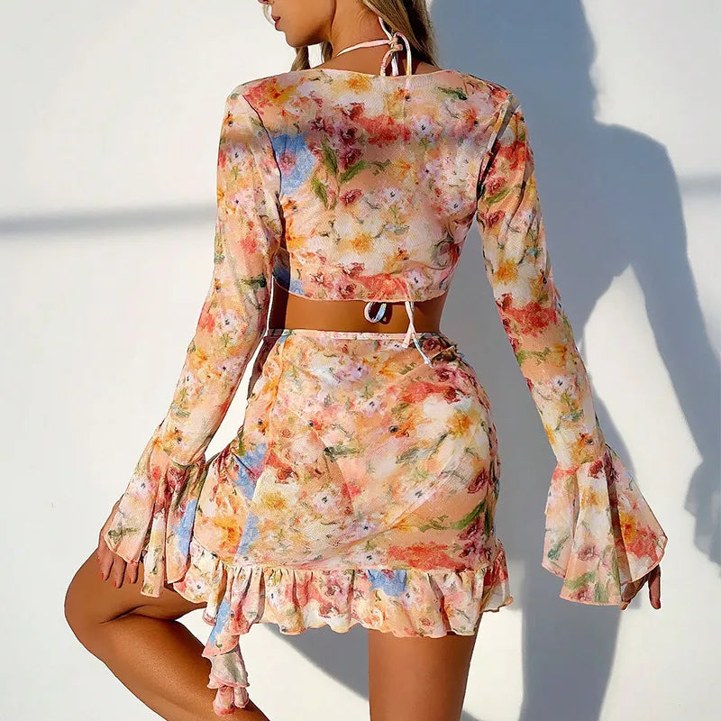 Stylish Printed 4-Piece Bikini and Beach Dress Set