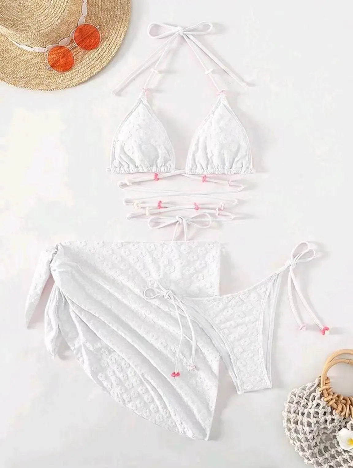 Ladies Three-piece Strap Split Swimsuit with Skirt