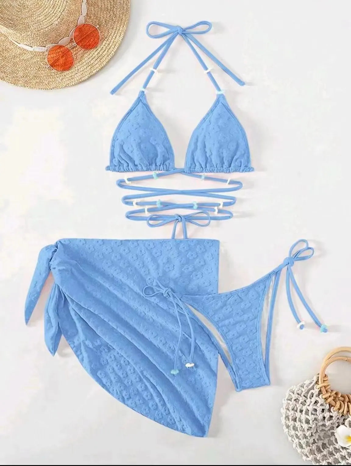 Ladies Three-piece Strap Split Swimsuit with Skirt