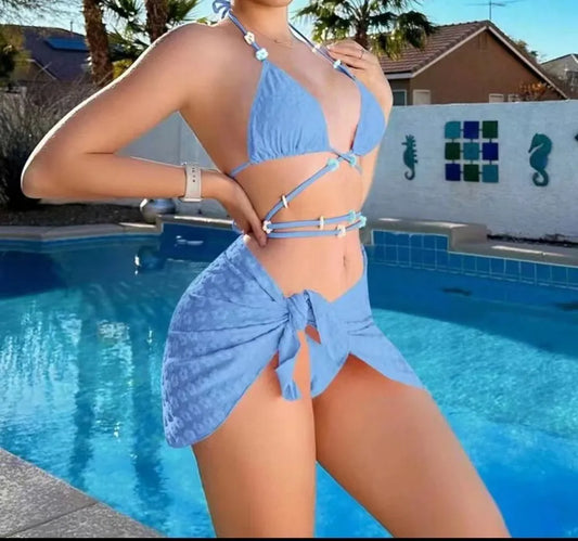 Ladies Three-piece Strap Split Swimsuit with Skirt