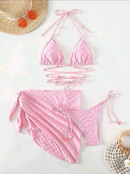 Ladies Three-piece Strap Split Swimsuit with Skirt
