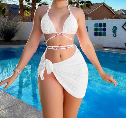 Ladies Three-piece Strap Split Swimsuit with Skirt