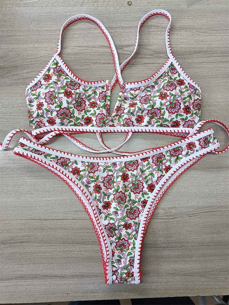 V-Neck Embroidery Floral European & American Swimsuit