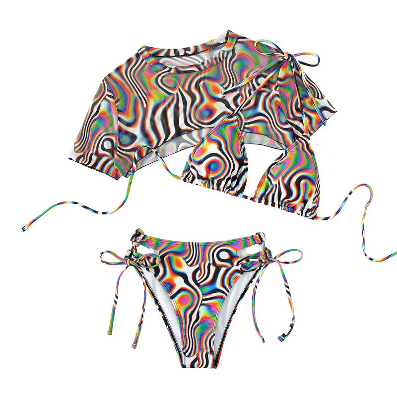 Women's Mesh Rope 3-Piece Colorful Bikini Swimsuit
