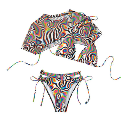 Women's Mesh Rope 3-Piece Colorful Bikini Swimsuit