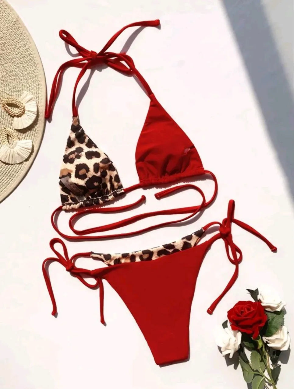 Women’s Leopard Halter Lace-Up Split Bikini Set