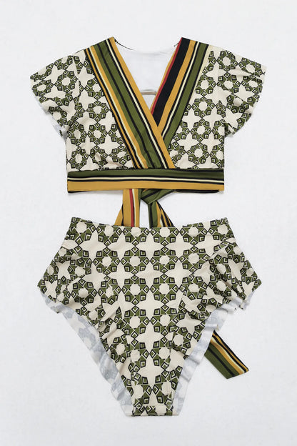 Flounced Backless Lace-Up V-Neck Split Bikini Suit