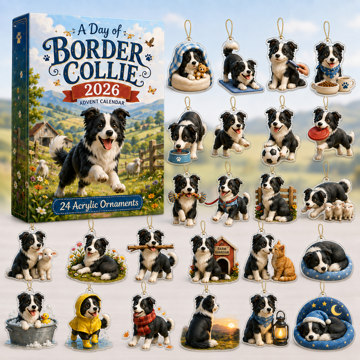 A Day of Border Collie Advent Calendar 2026 - 24-Day Festive Countdown, Acrylic Charms Blind Box - Gift For Border Collie