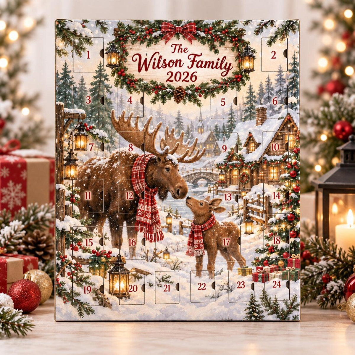 Personalized Moose Advent Calendar, 24 Double-Sided Acrylic Ornaments, Christmas Countdown Box