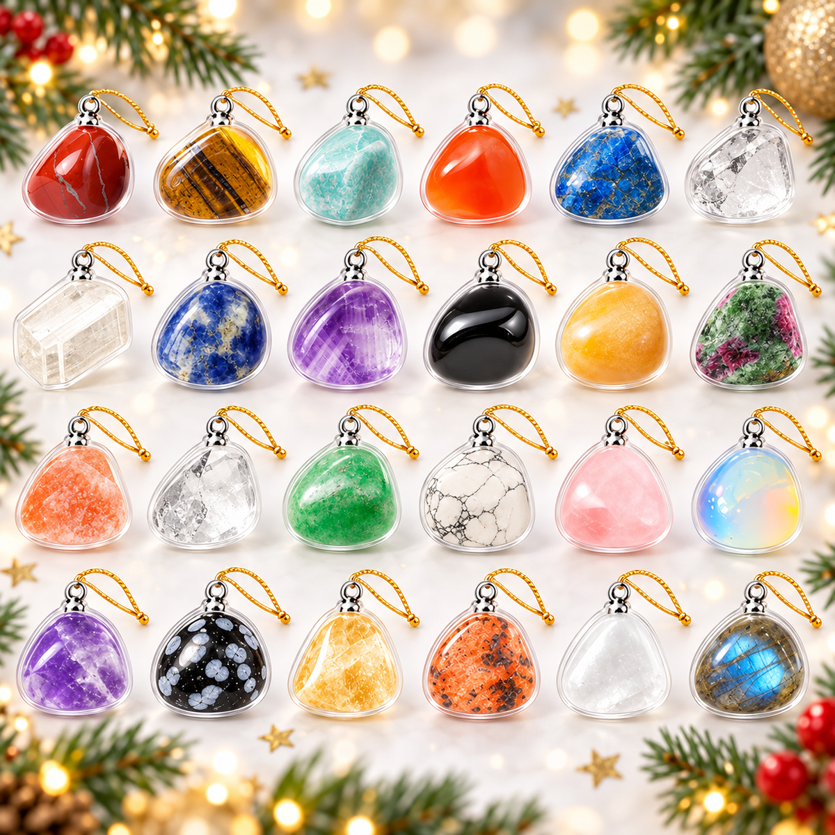 Personalized 2D Gemstone Advent Calendar 2026, 24 Natural Stone Christmas 2D Acrylic Charm with Hanging Loops, Crystal Countdown Gift Box, Holiday Gift for Kids & Adults