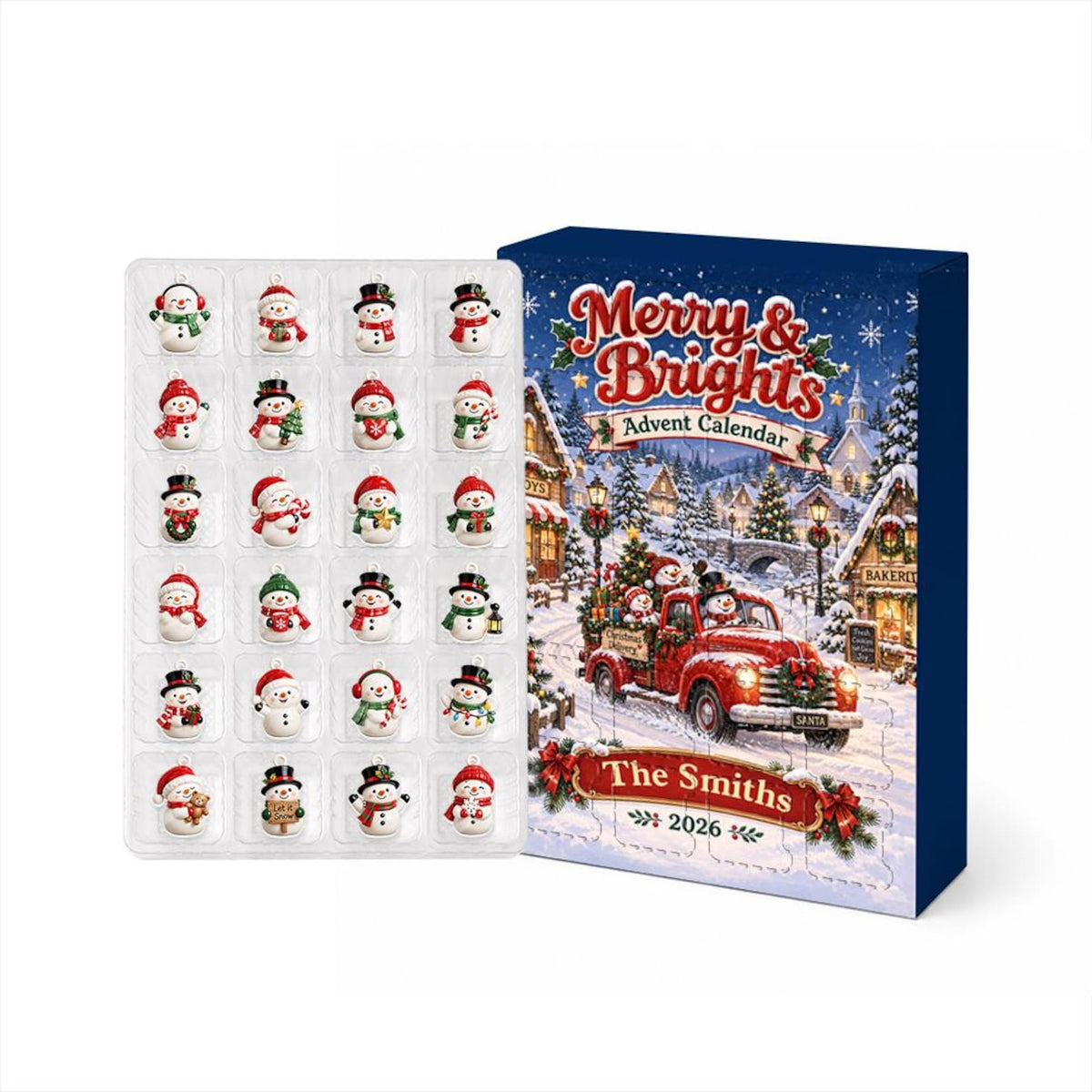 Personalized Snowman Advent Calendar 2026, 24 Acrylic Charms, Custom Family Name, Winter Countdown Keepsake