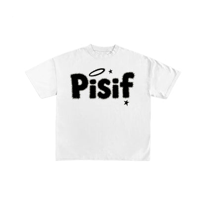 Pisif Fuzzy Logo Halo Graphic Oversized White T-Shirt