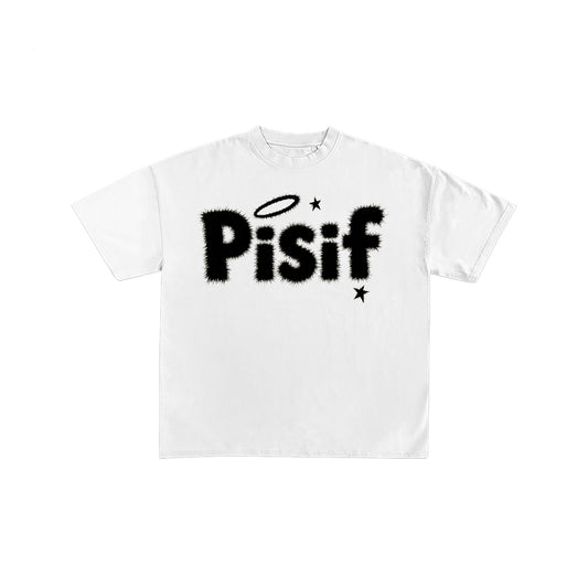 Pisif Fuzzy Logo Halo Graphic Oversized White T-Shirt