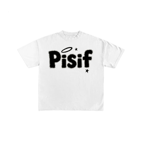 Pisif Fuzzy Logo Halo Graphic Oversized White T-Shirt