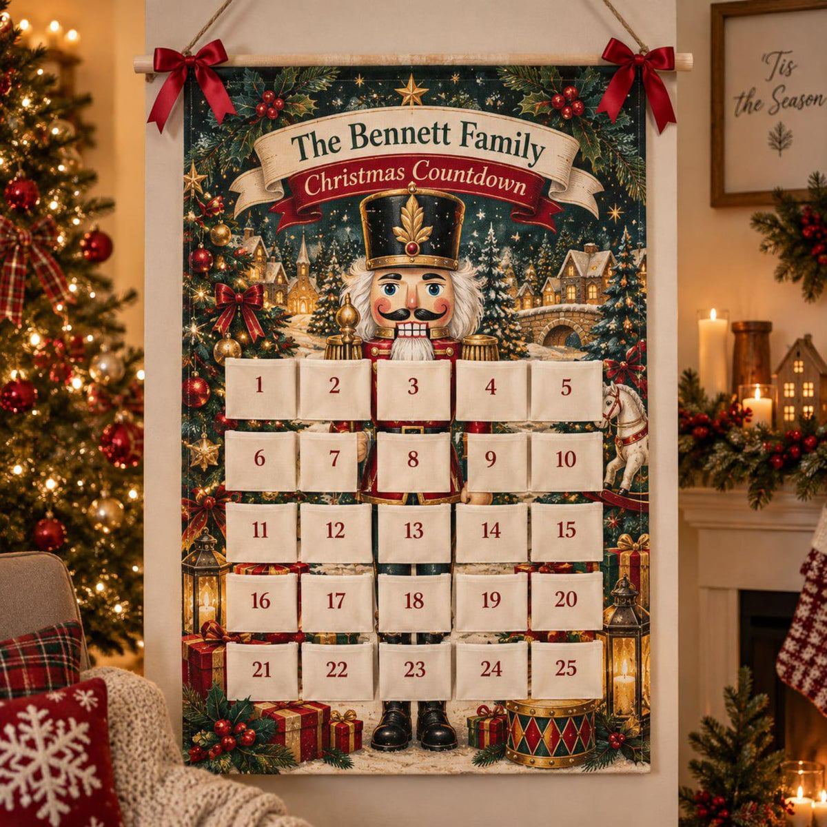 Personalized Reusable Fabric Advent Calendar, Nutcracker Christmas Countdown, Custom Family 25 Pocket Advent Calendar, Holiday Wall Decor