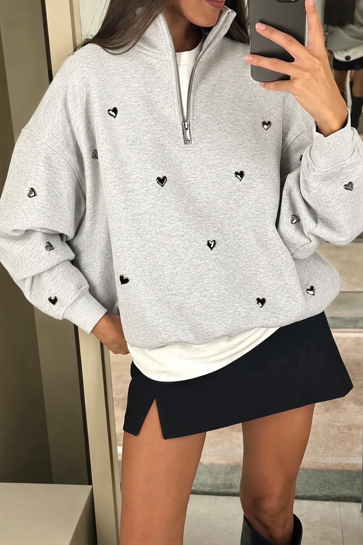 Heart Stud Half Zip Sweatshirt