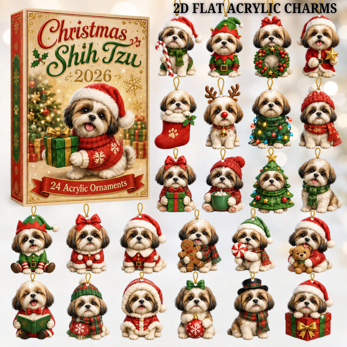 Christmas Shih Tzu Advent Calendar 2026 - 24-Day Festive Countdown, Acrylic Charms Blind Box - Gift For Shih Tzu Lovers