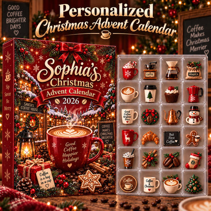 Personalized Coffee Advent Calendar, Custom Name, 24 Acrylic Coffee Charms, Christmas Countdown 2026