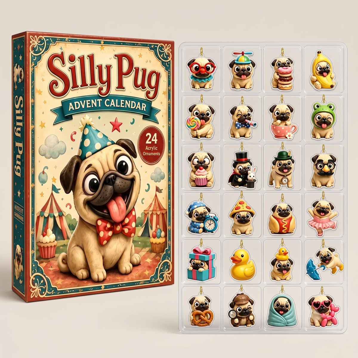 Silly Pug Advent Calendar 2026, 24 Days Fall Christmas Countdown Box, Cute Dog Tree Ornaments, Xmas Pug Lover Gift