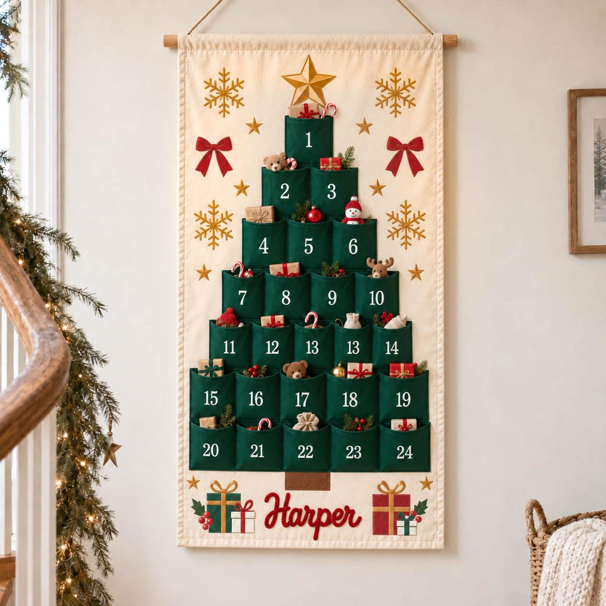 Personalized Advent Calendar with Name, 24 Pocket Christmas Countdown Wall Hanging, Printed Santa, Reindeer, Snowman, Tree, Corded Lettering