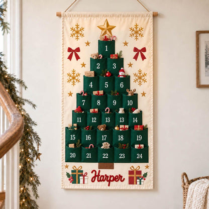 Personalized Advent Calendar with Name, 24 Pocket Christmas Countdown Wall Hanging, Printed Santa, Reindeer, Snowman, Tree, Corded Lettering