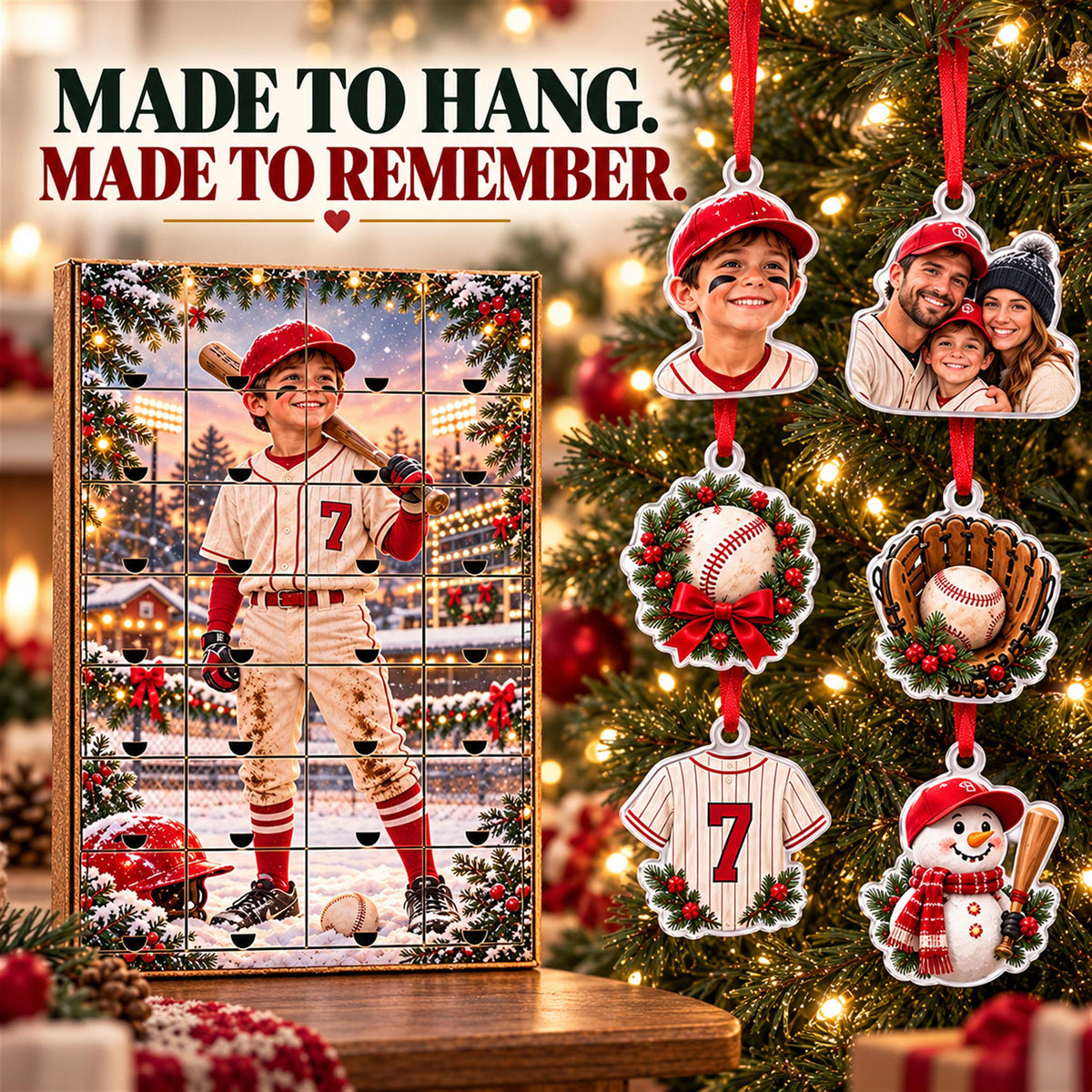 Personalized Baseball Advent Calendar with 24 Custom Photo Acrylic Ornaments, Player Number Christmas Gift for Baseball Family and Coach