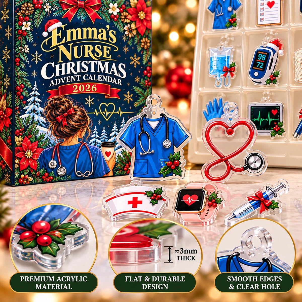 Registered Nurse Advent Calendar, 24 Acrylic Hanging Ornaments, Profession Christmas Countdown, Keepsake Gift, Registered Nurse Christmas