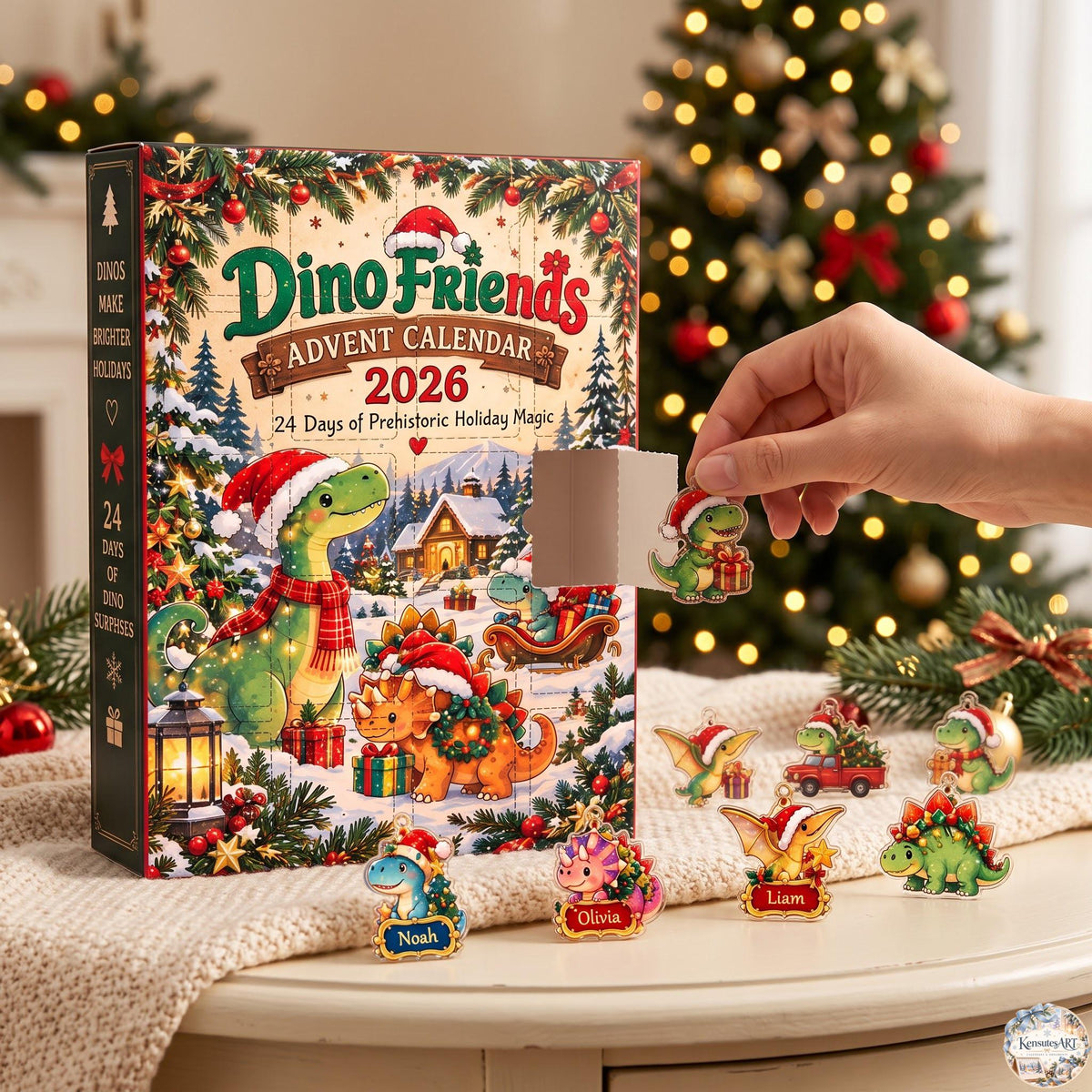 Dino Friends Advent Calendar 2026 | 24 Day Prehistoric Christmas Countdown with Custom 2D Ornament