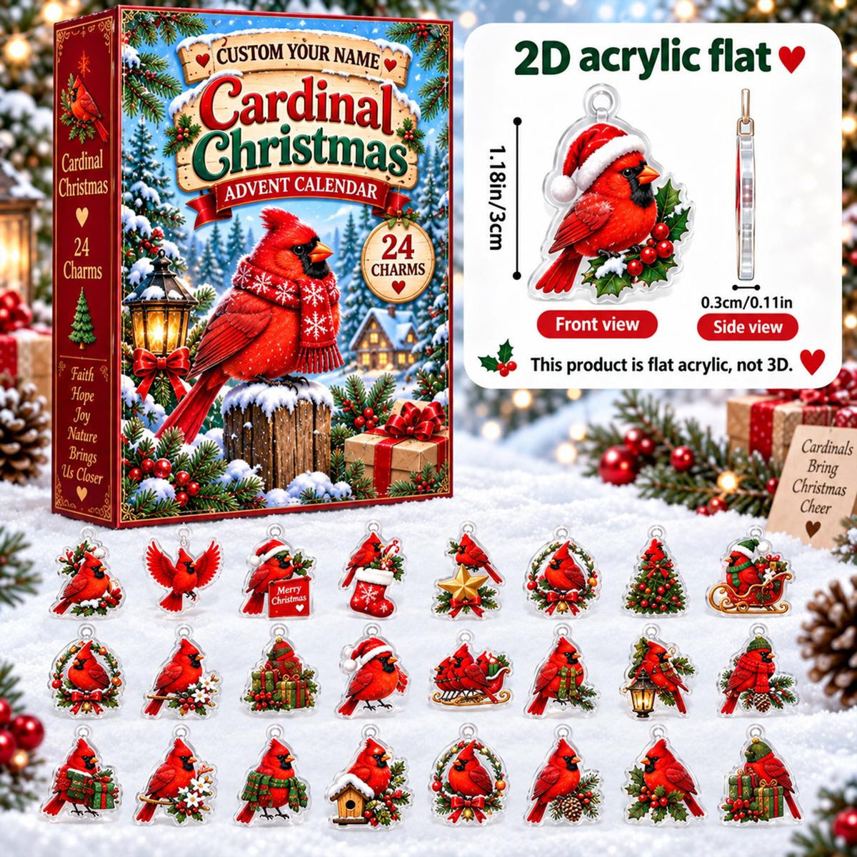 Personalized Cardinal Blind Box Advent Calendar 2026, 24 Mini Cardinal Charms, Custom Cardinal Outdoor Countdown Gift for Cardinal Lovers