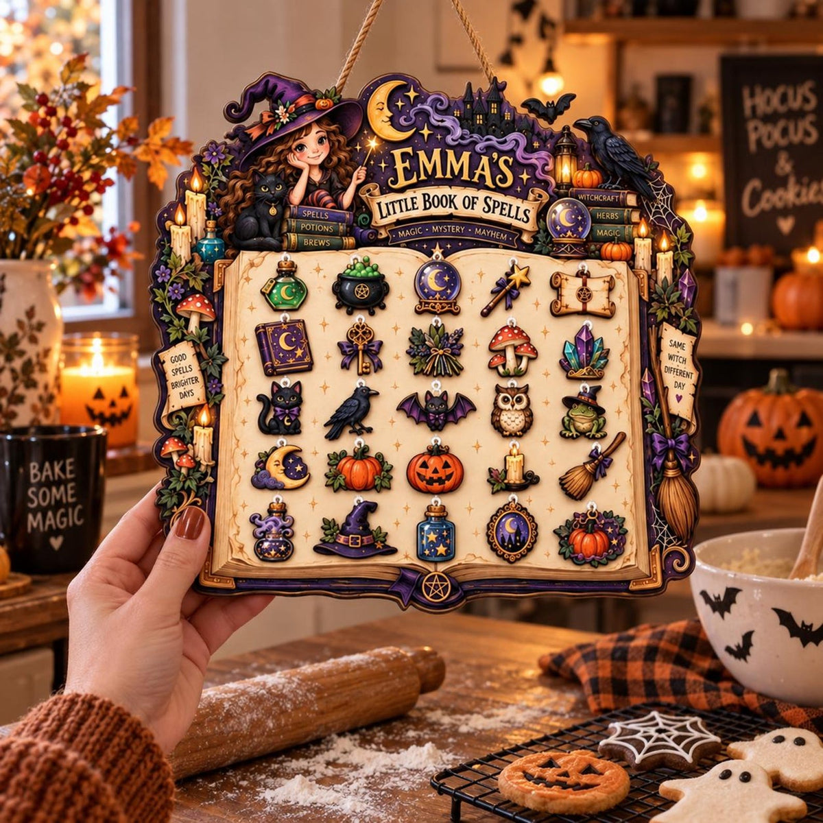 Personalized Wooden Halloween Advent Calendar: Hanging Witchy Charms
