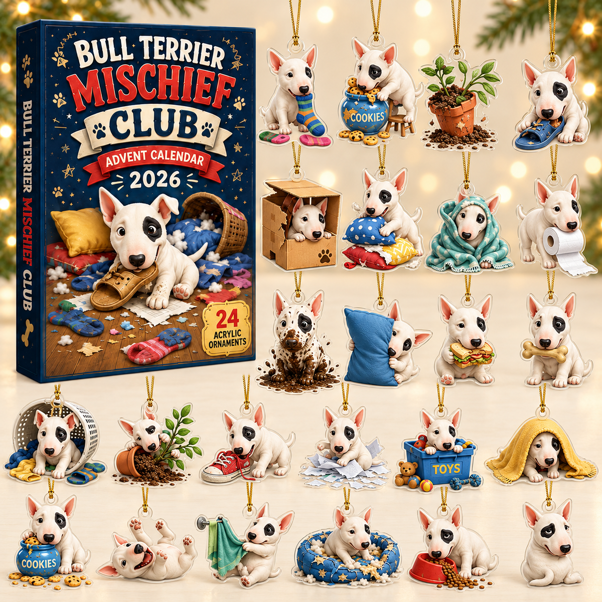 Bull Terrier Mischief Club Advent Calendar 2026 - 24-Day Festive Countdown, Acrylic Charms Blind Box - Gift For Bull Terrier Lovers
