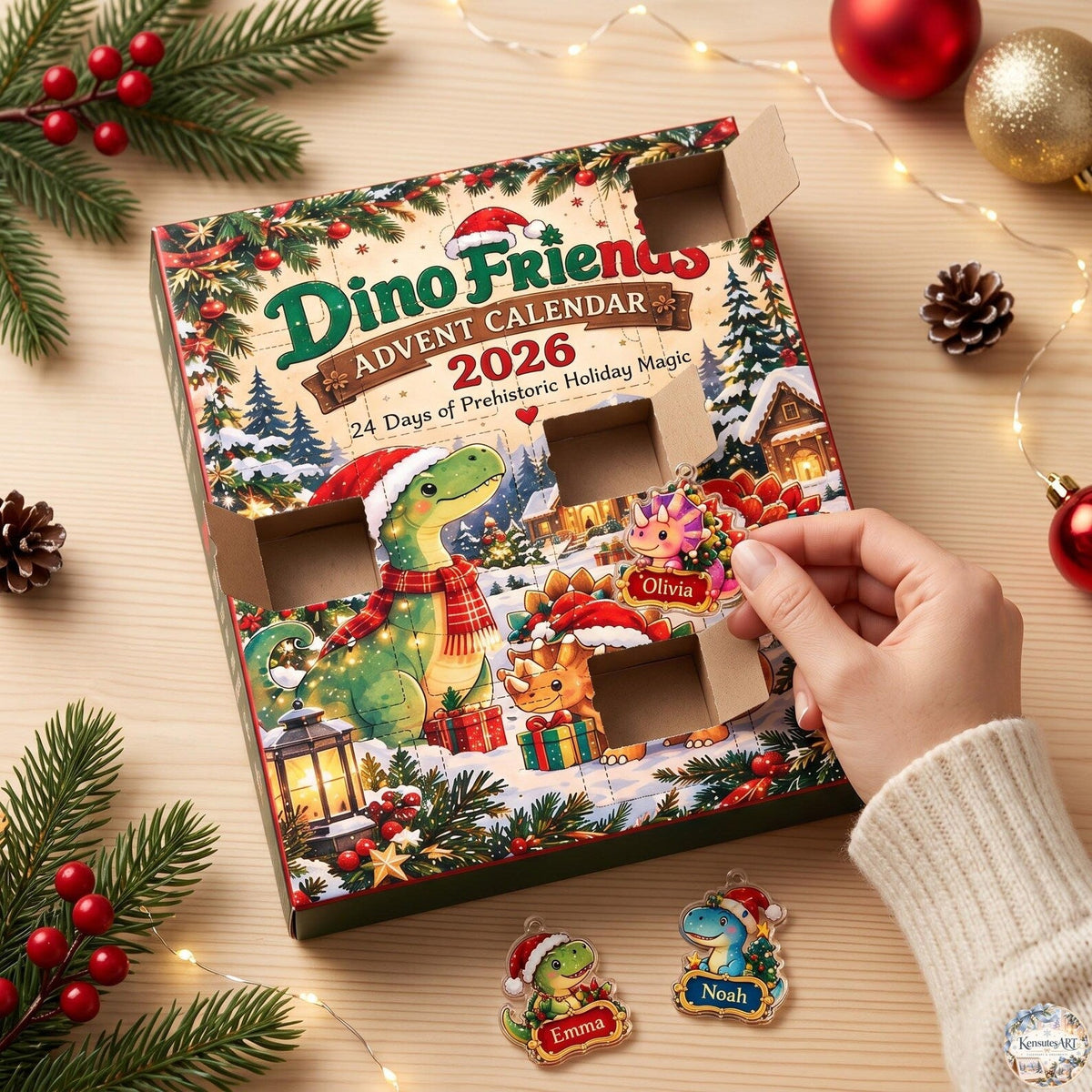 Dino Friends Advent Calendar 2026 | 24 Day Prehistoric Christmas Countdown with Custom 2D Ornament