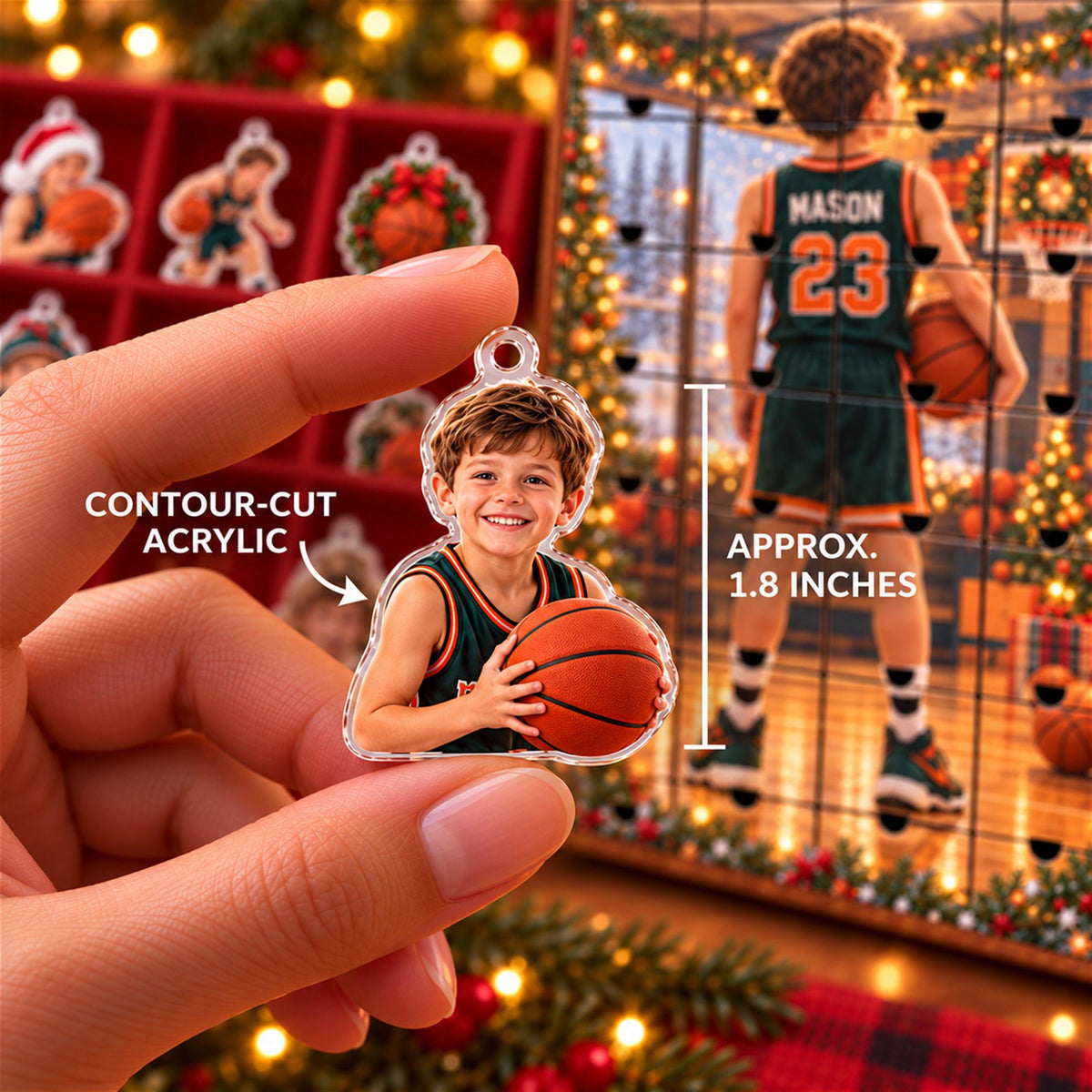 Personalized Basketball Advent Calendar with 24 Custom Photo Acrylic Ornaments, Player Number Christmas Gift for Basketball Family and Coach