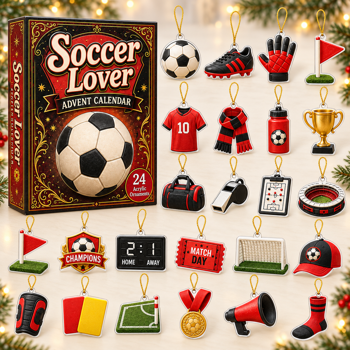 Soccer Theme Red Advent Calendar 2026 - 24-Day Festive Countdown, Acrylic Charms Blind Box - Gift For Soccer Lovers