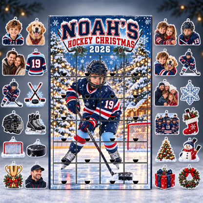 Personalized Hockey Advent Calendar with 24 Custom Photo Acrylic Ornaments, Player Number Christmas Gift for Hockey Family and Coach