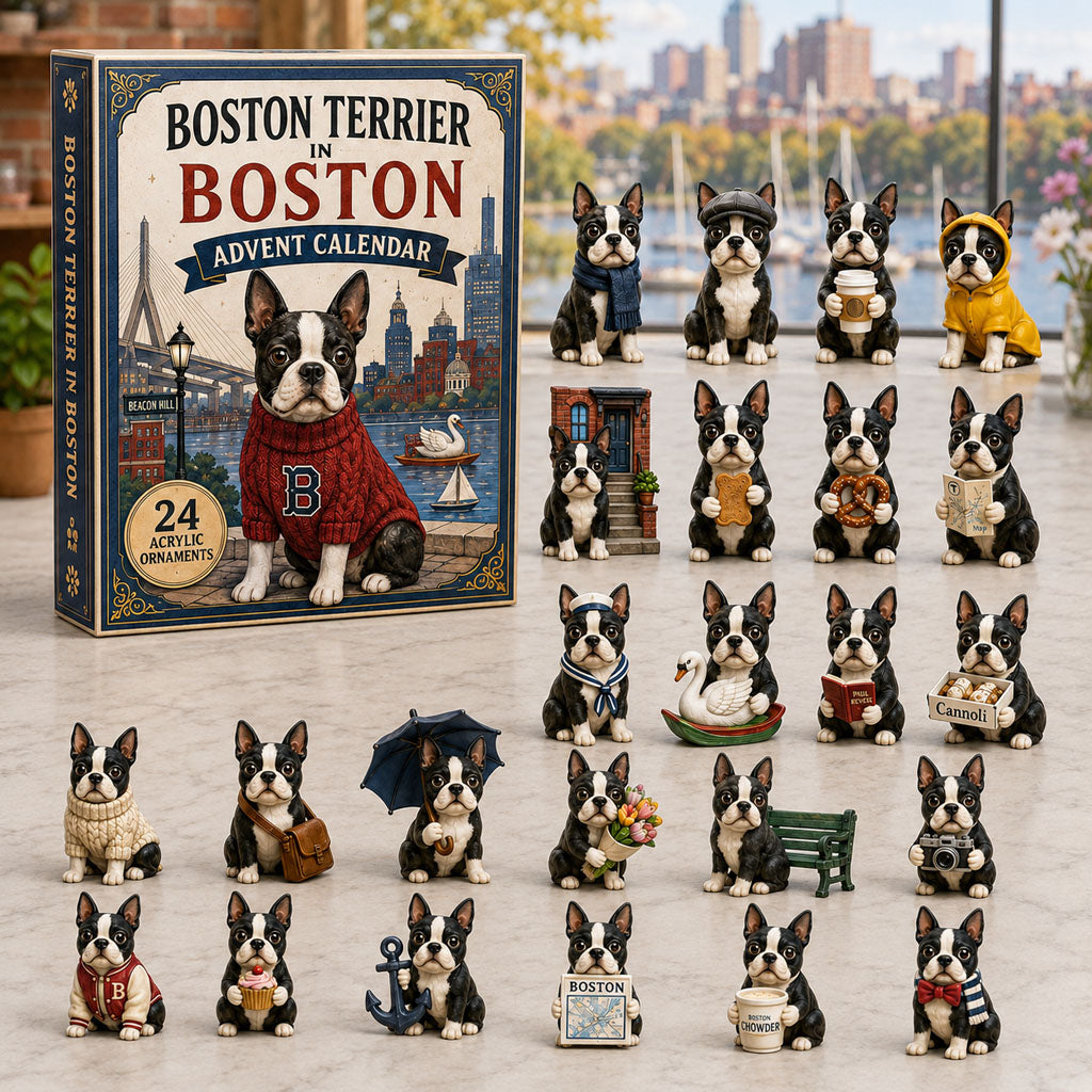 Boston Terrier In Boston Advent Calendar 2026 - 24-Day Festive Countdown, Acrylic Charms Blind Box - Gift For Dog Lovers
